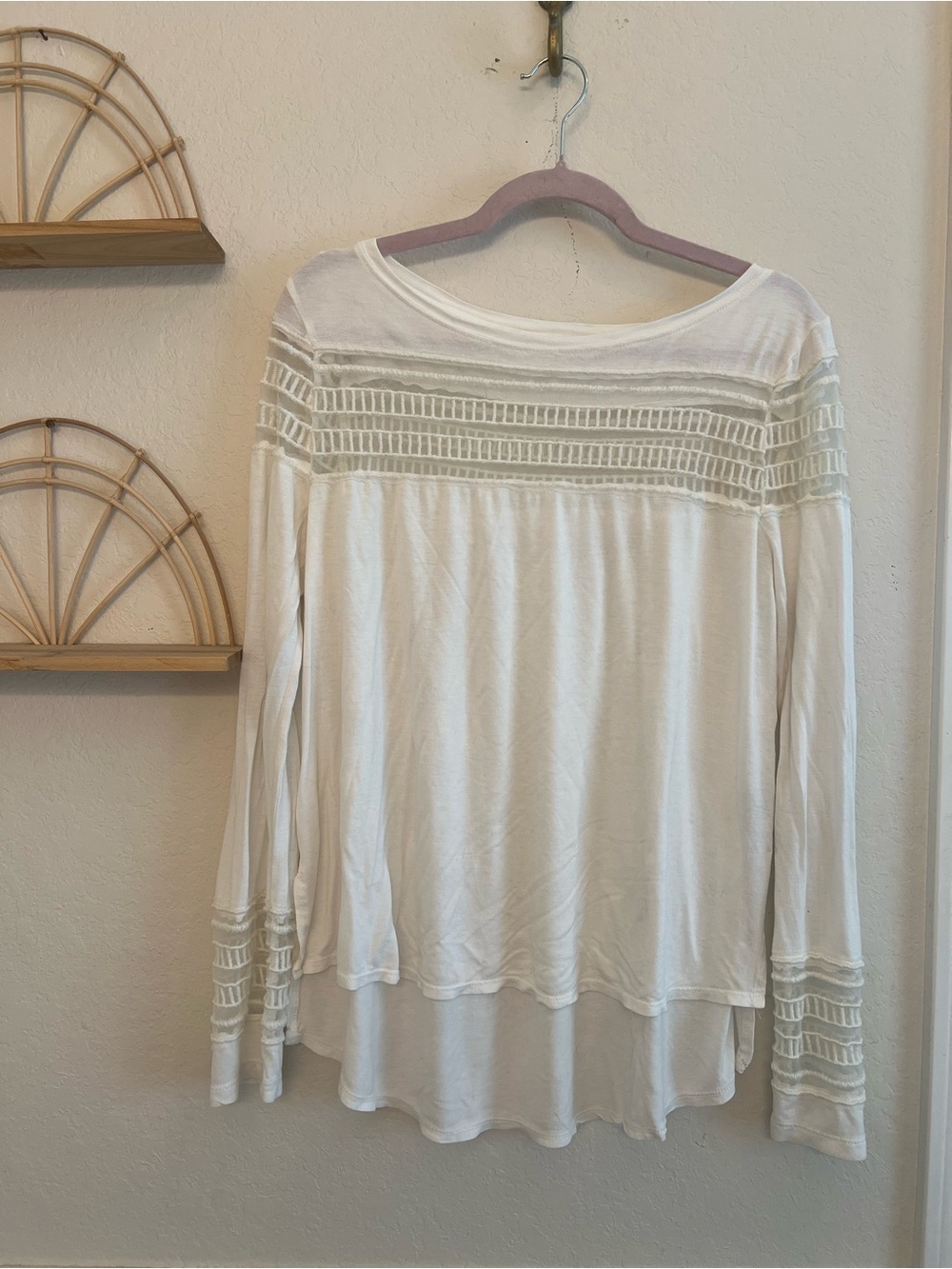 Free People Cream Long Sleeve Crochet Yoke Top